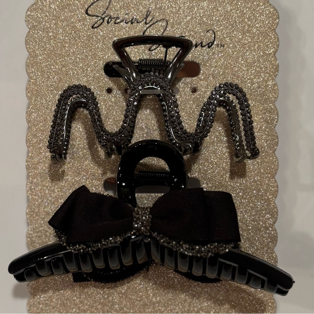 Social Strand crystal encrusted and ribbon metal hair claw clips / NEW with tags